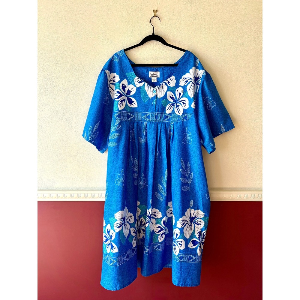 Vintage Anthony Richards Blue Hibiscus Lounger Dress Midi 5X Muumuu Cotton Blend